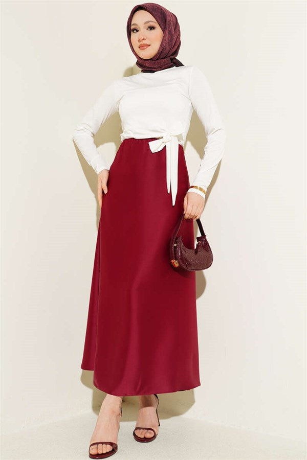 Flared Satin Skirt with Elastic Waistband, Burgundy