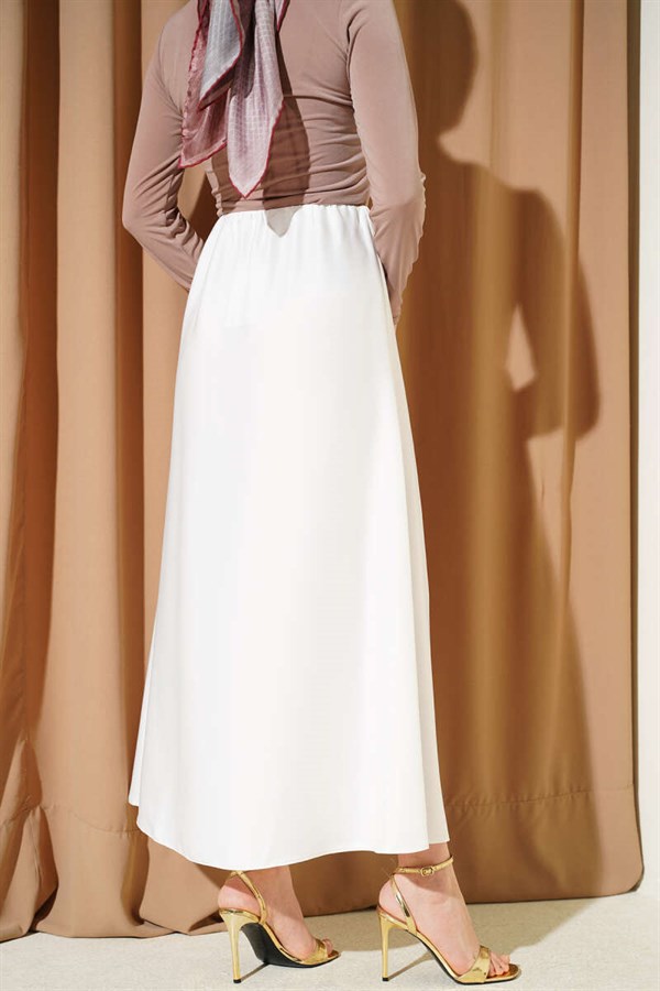 Flared Satin Skirt with Elastic Waist, Ecru