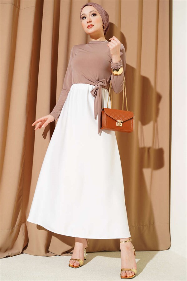 Flared Satin Skirt with Elastic Waist, Ecru