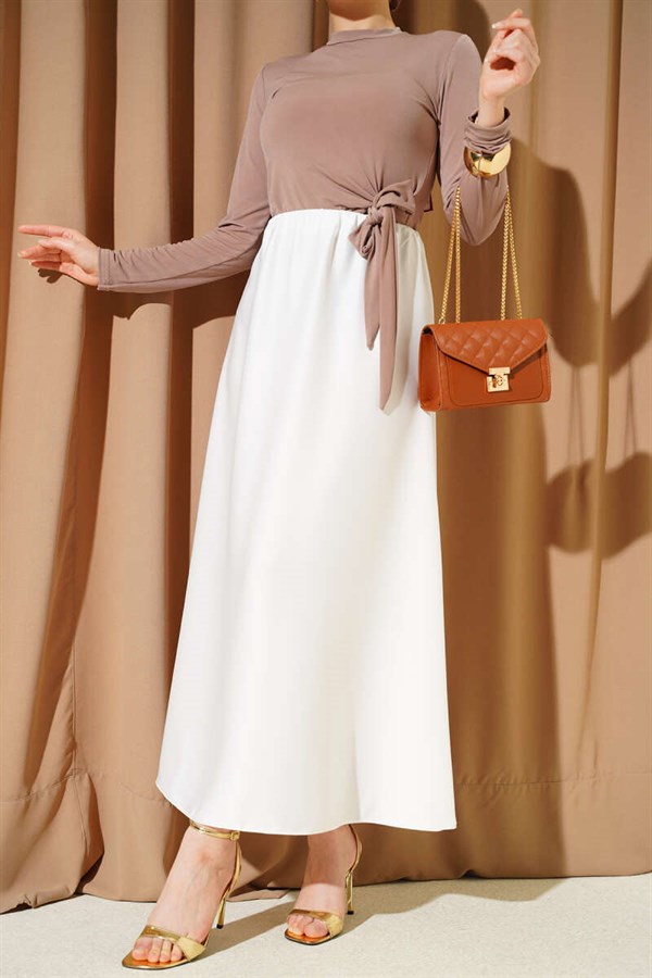 Flared Satin Skirt with Elastic Waist, Ecru