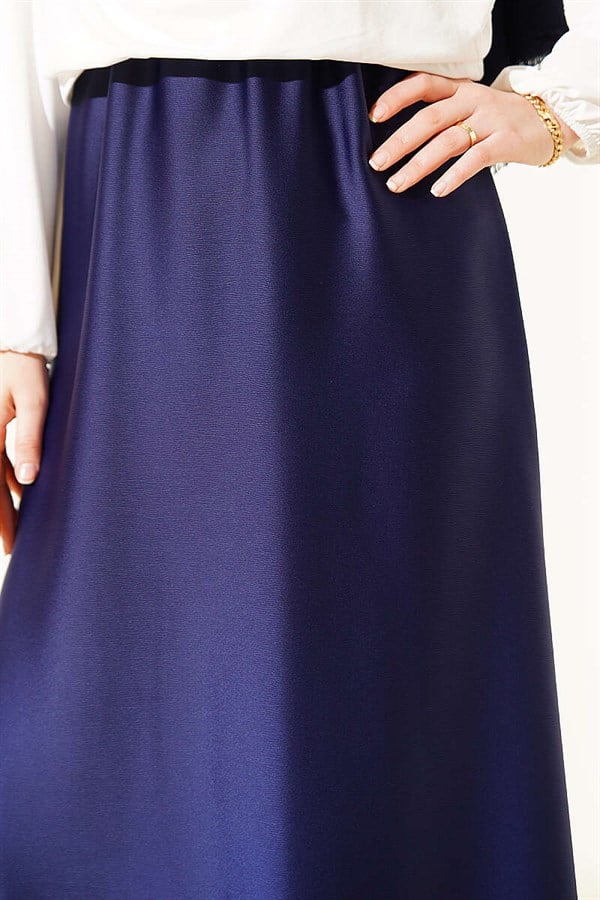 Navy Blue Flared Satin Skirt with Elastic Waistband