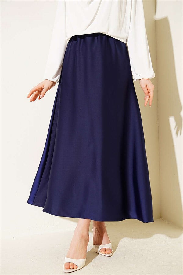 Navy Blue Flared Satin Skirt with Elastic Waistband