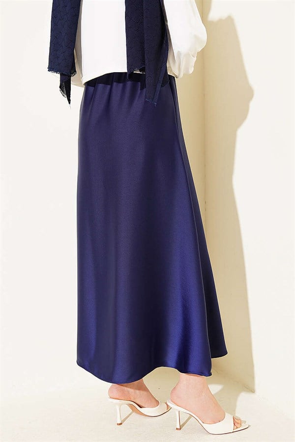 Navy Blue Flared Satin Skirt with Elastic Waistband
