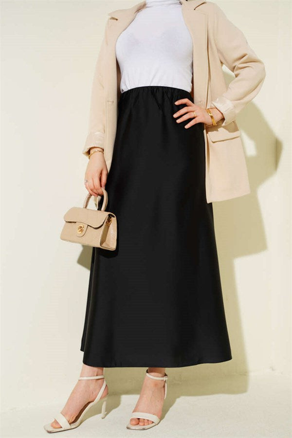 Flared Satin Skirt with Elastic Waist, Black