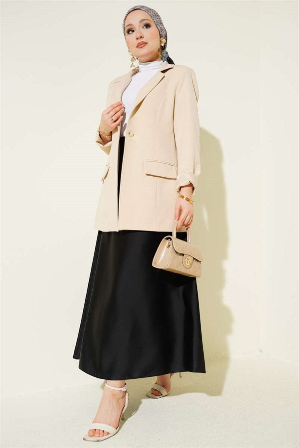 Flared Satin Skirt with Elastic Waist, Black