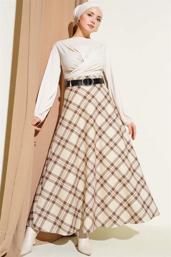 Flared Plaid Belted Skirt, Beige