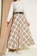 Flared Plaid Belted Skirt, Beige