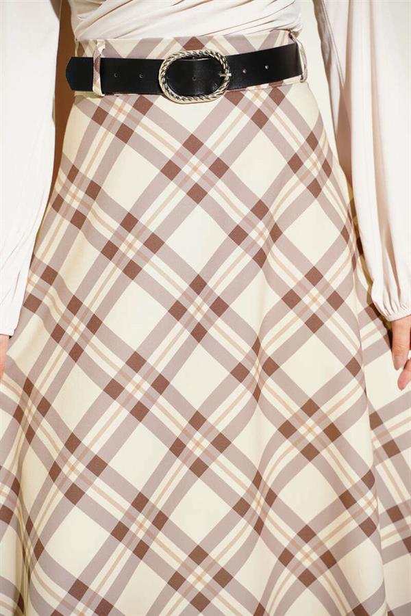 Flared Plaid Belted Skirt, Beige