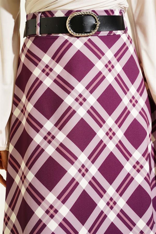Flared Plaid Belted Skirt, Plum