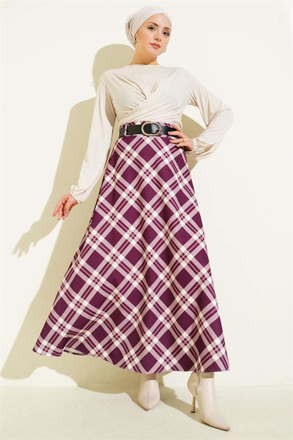 Flared Plaid Belted Skirt, Plum