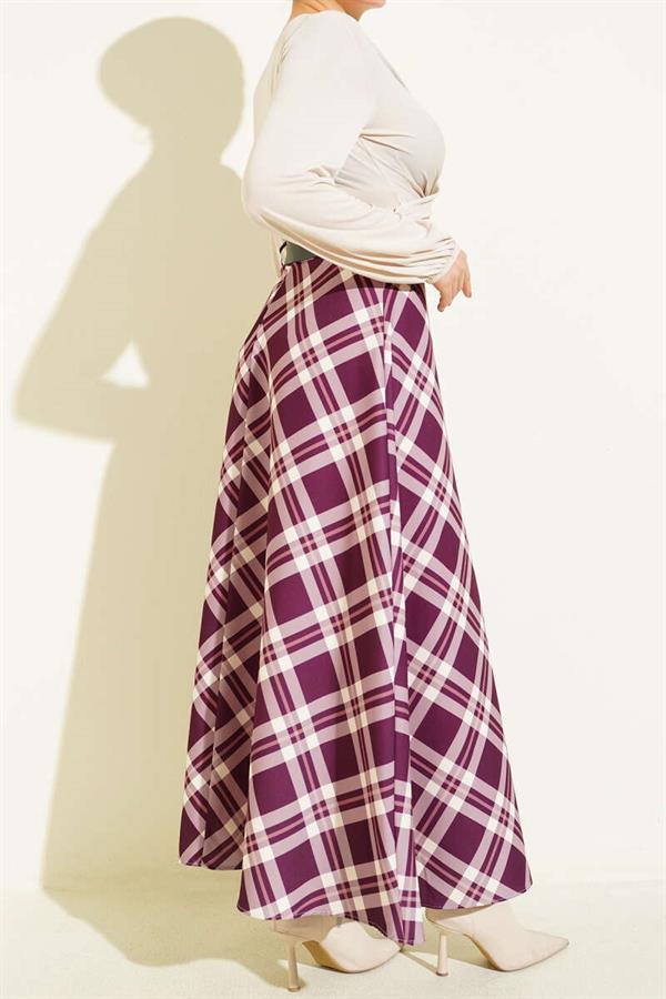 Flared Plaid Belted Skirt, Plum