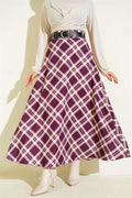 Flared Plaid Belted Skirt, Plum
