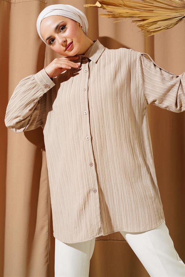 Tree Bark Shirt with Epaulette Sleeves Beige