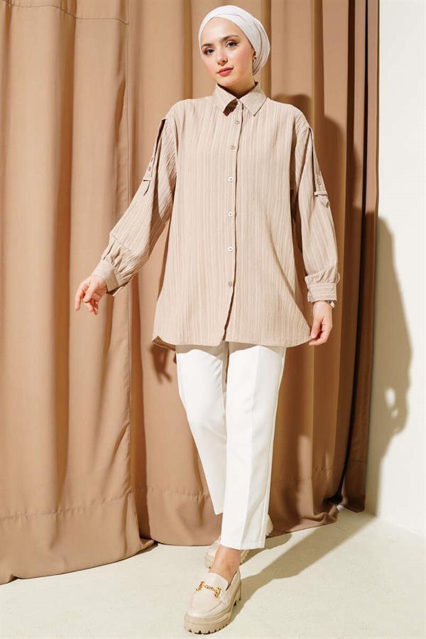 Tree Bark Shirt with Epaulette Sleeves Beige