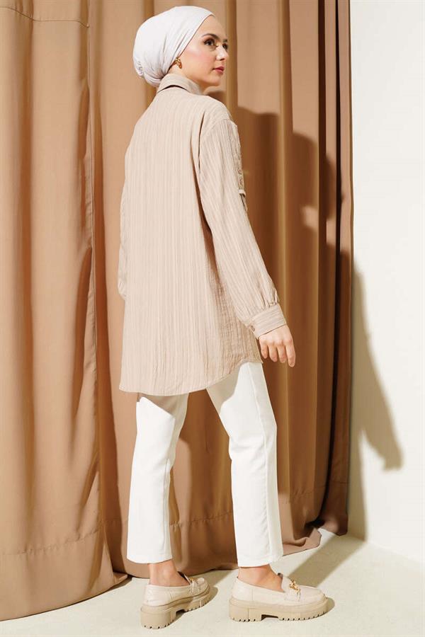 Tree Bark Shirt with Epaulette Sleeves Beige