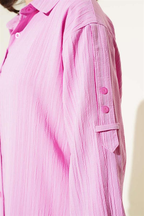 Tree Bark Shirt with Sleeve Epaulets Pink
