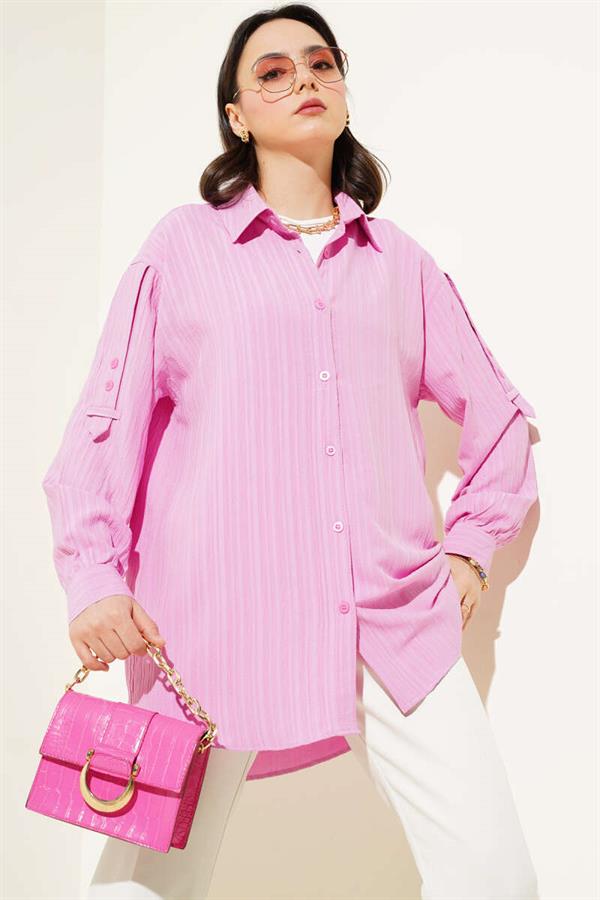 Tree Bark Shirt with Sleeve Epaulets Pink