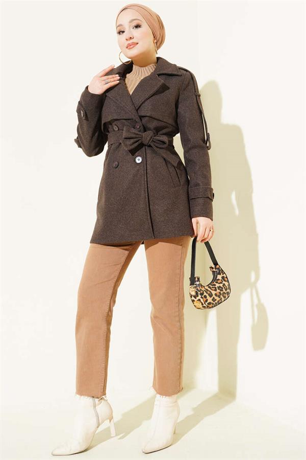 Short Cashmere Coat with Epaulettes and Sleeves, Bitter Brown