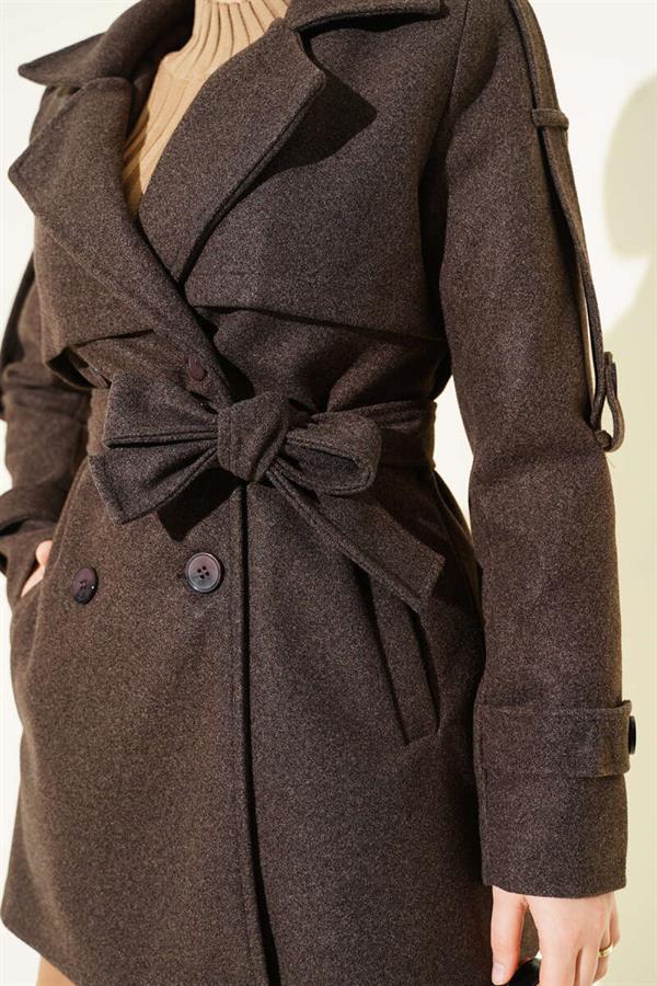 Short Cashmere Coat with Epaulettes and Sleeves, Bitter Brown