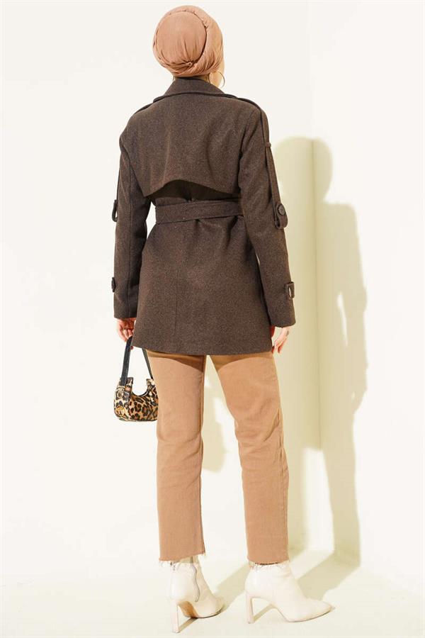 Short Cashmere Coat with Epaulettes and Sleeves, Bitter Brown