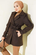 Short Cashmere Coat with Epaulettes and Sleeves, Bitter Brown
