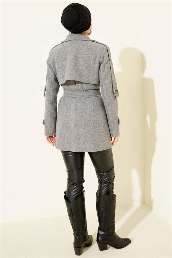 Short Cashmere Coat with Epauletted Sleeves, Smoke Color