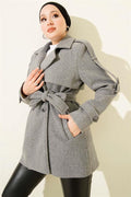 Short Cashmere Coat with Epauletted Sleeves, Smoke Color