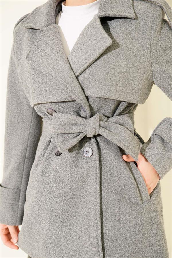 Short Cashmere Coat with Epauletted Sleeves, Smoke Color