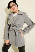 Short Fleece Coat with Epauletted Sleeves and Pieces, Gray