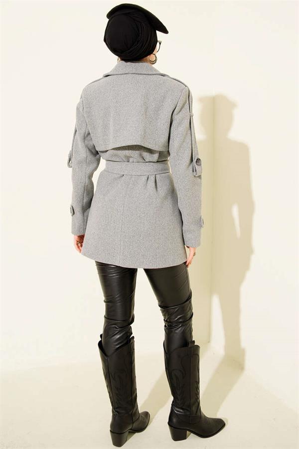 Short Fleece Coat with Epauletted Sleeves and Pieces, Gray