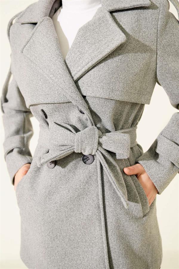Short Fleece Coat with Epauletted Sleeves and Pieces, Gray