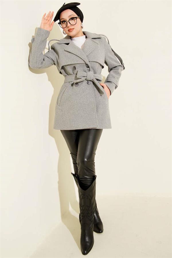 Short Fleece Coat with Epauletted Sleeves and Pieces, Gray