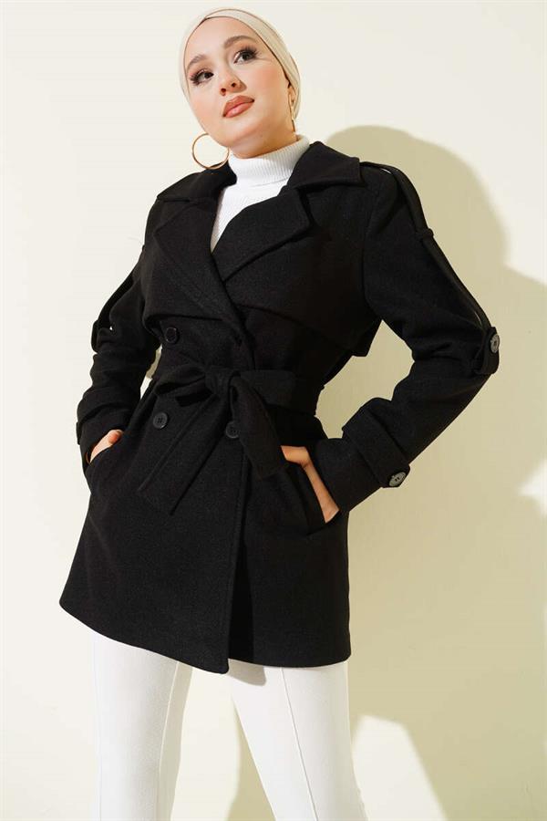 Short Cashmere Coat with Epauletted Sleeves and Pieces, Black