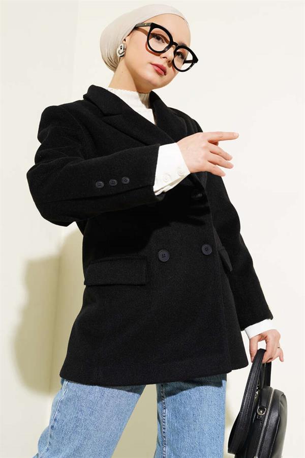 Sleeve Embroidered Cashmere Coat Black