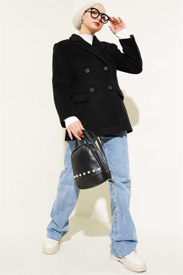 Sleeve Embroidered Cashmere Coat Black