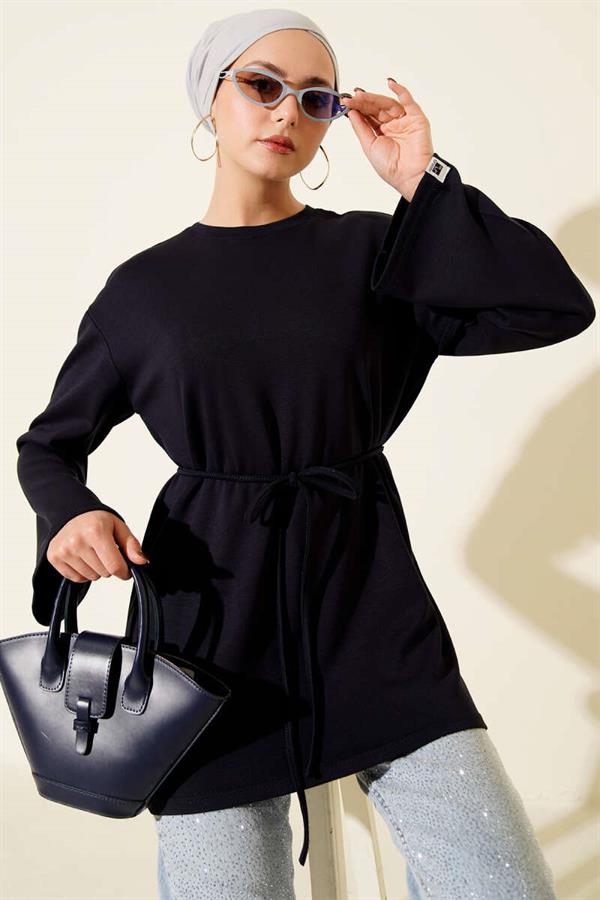 Loysha Rope Belted Tunic with Crest and Sleeves, Navy Blue