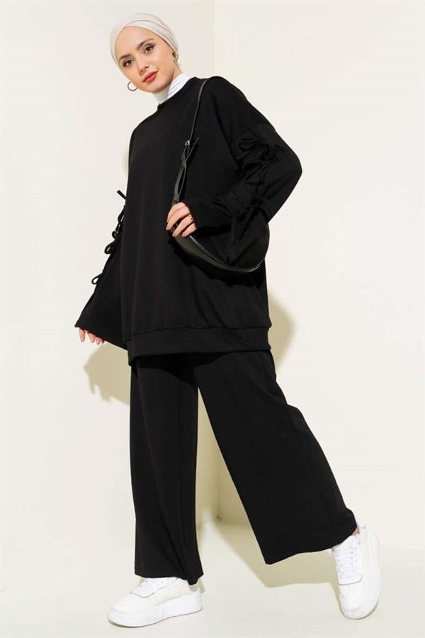 Sleeve Lace Detailed 2 Piece Set Black