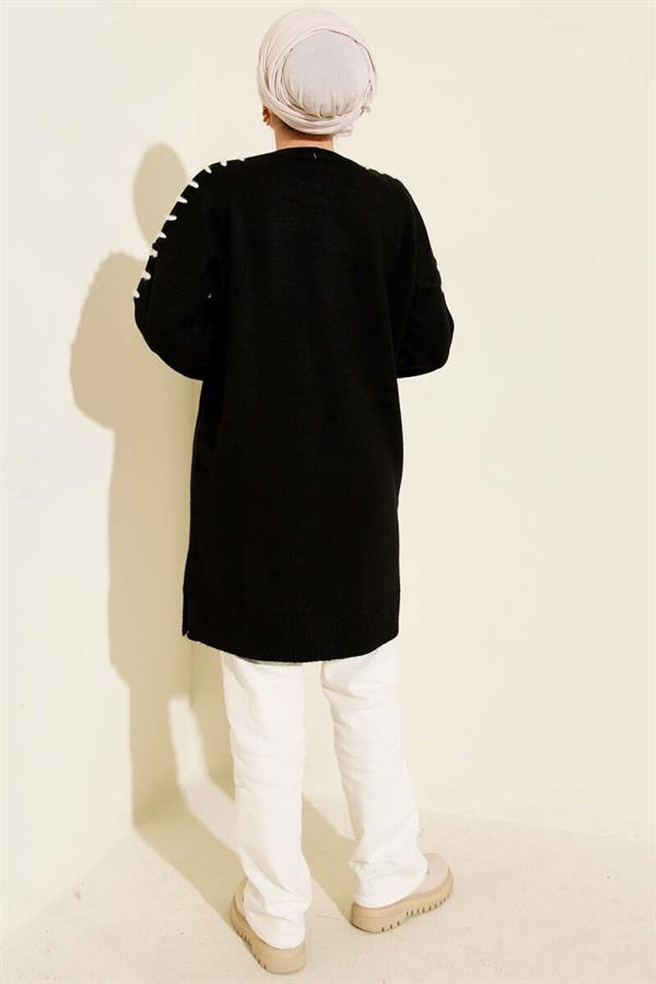 Knit Tunic with Sleeve Lace Detail, Black