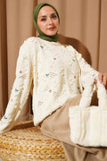 Floral Embroidered Knitted Sweater with Laced Sleeves, Beige