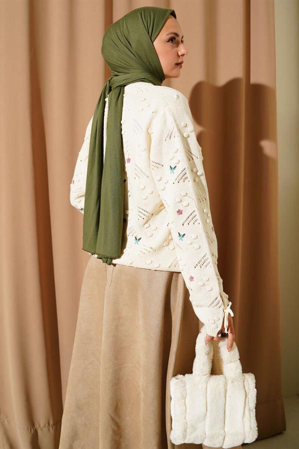 Floral Embroidered Knitted Sweater with Laced Sleeves, Beige