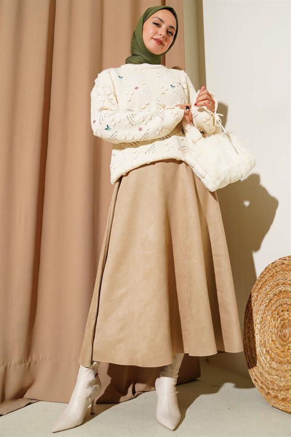 Floral Embroidered Knitted Sweater with Laced Sleeves, Beige