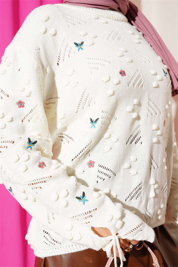 Knitted Sweater with Floral Embroidery and Sleeve Tie-Up, Ecru