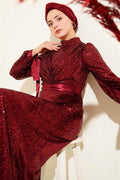 Sleeve Lace Sequin Evening Dress Burgundy