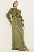 Sequin Evening Dress with Laced Sleeves Khaki