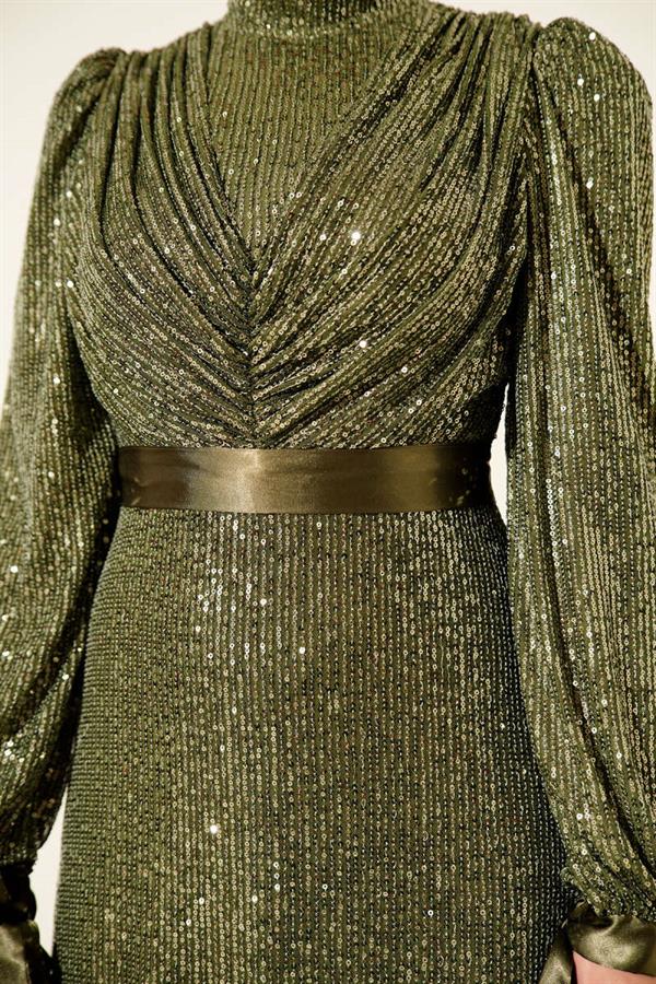 Sequin Evening Dress with Laced Sleeves Khaki