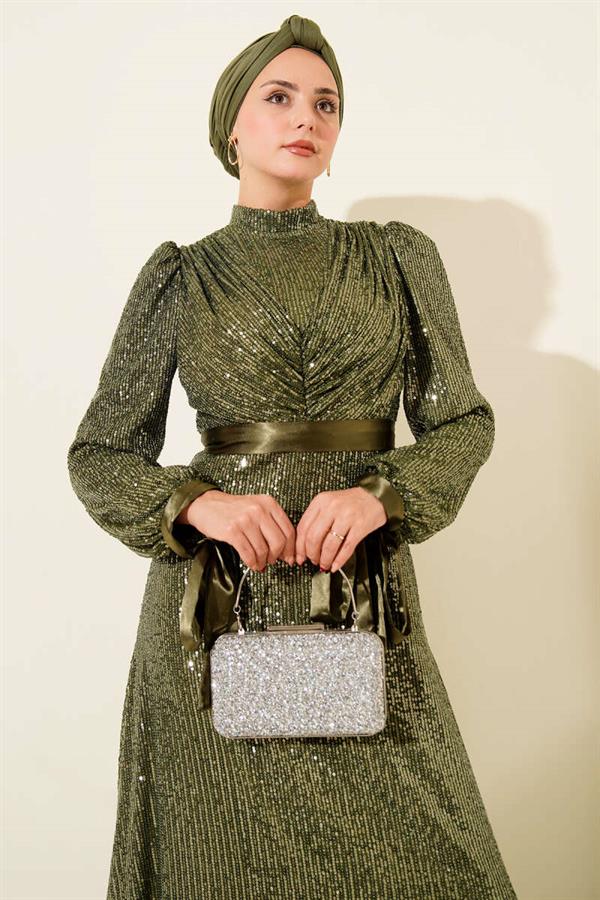 Sequin Evening Dress with Laced Sleeves Khaki