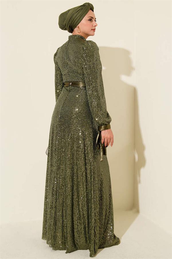 Sequin Evening Dress with Laced Sleeves Khaki