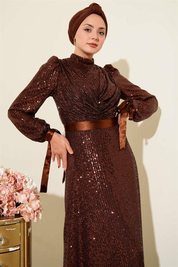 Sleeve Lace Sequin Evening Dress Brown