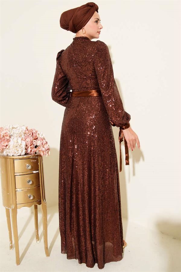 Sleeve Lace Sequin Evening Dress Brown