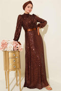 Sleeve Lace Sequin Evening Dress Brown